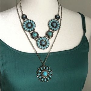 Concho Style Set Southwestern Motif Chunky Turquoise Pendant Statement Necklaces